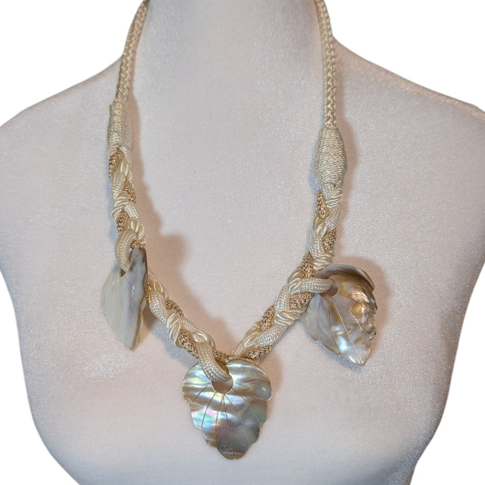 Vintage Mother of Pearl Leaf Statement Necklace Braided Cream Gold Cord Shell